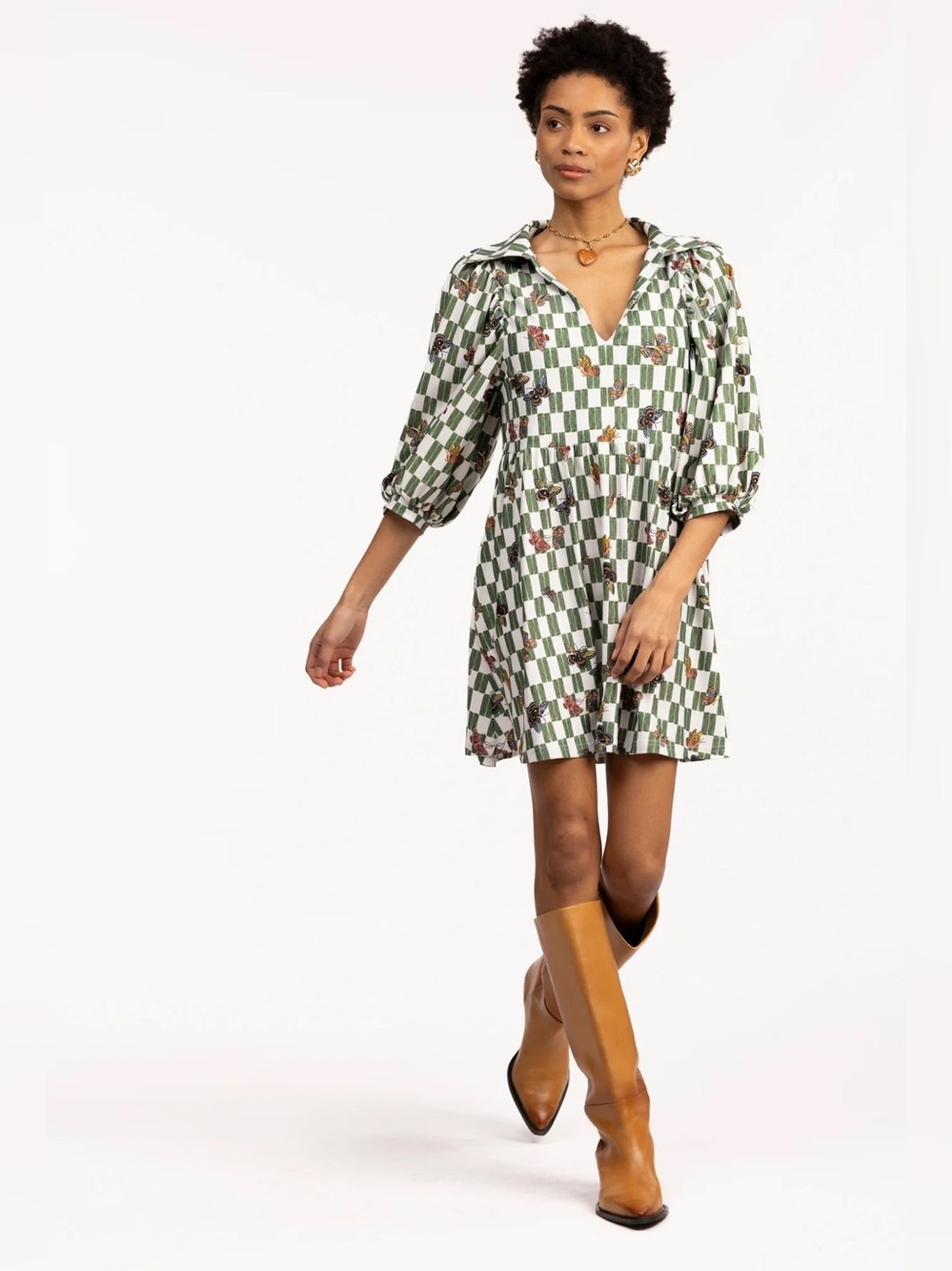 Smith & Quinn Charlotte Butterfly Forest Checked Floral V-Neck Mini Dress SZ M